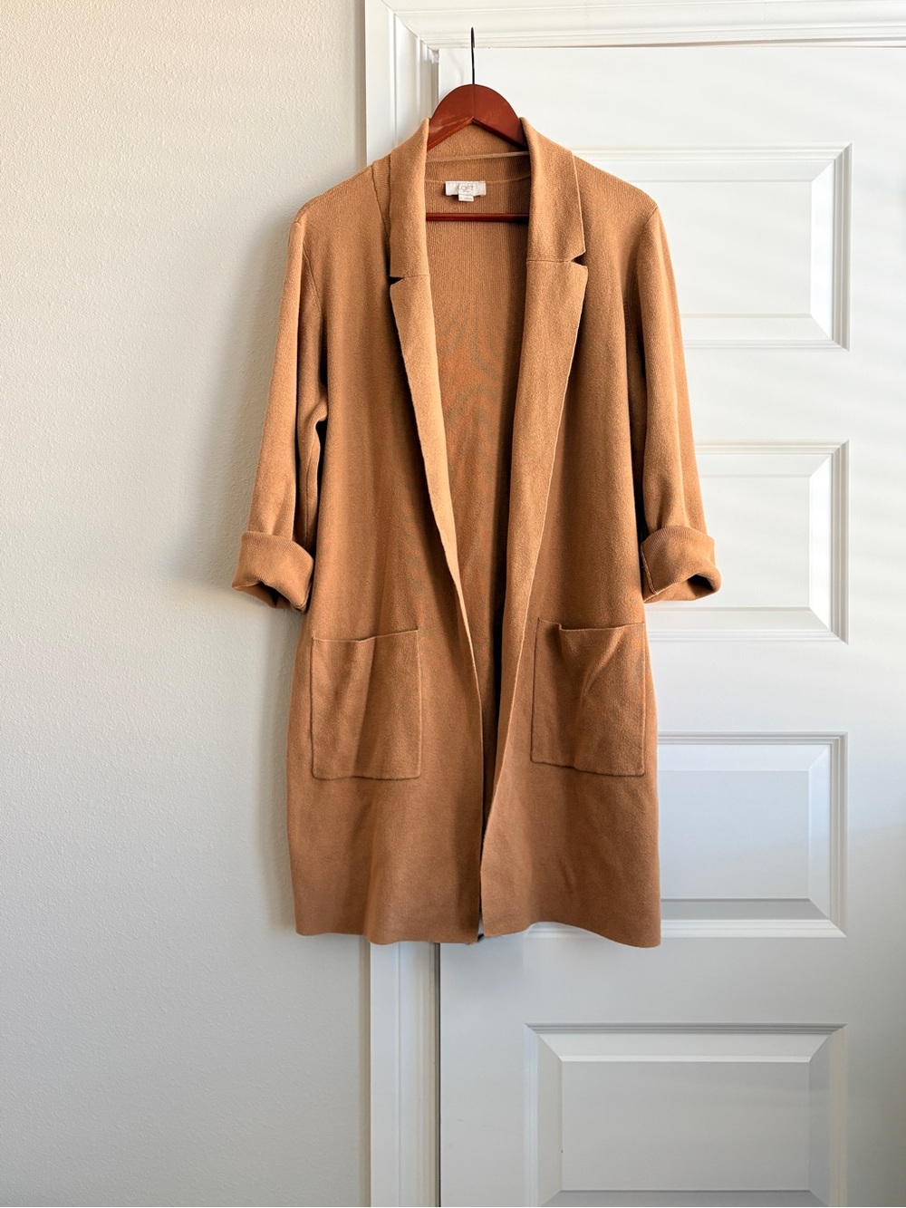 LOFT Camel Sweater Blazer L Longline Quiet Luxury Old Money coatigan